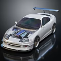 White Modified Sports Car With Open Hood Exposed Engine And Rear Spoiler