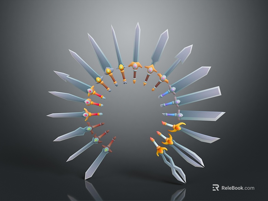 Weapons in Circular Arrangement with Various Knives Swords and Colorful Handles on Gray Background 3d model 