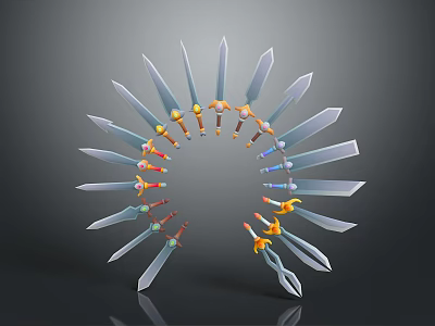 Weapons in Circular Arrangement with Various Knives Swords and Colorful Handles on Gray Background 3d model