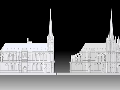 Cartoon Style Gothic Buildings Scene With Intact Damaged Structures Spires Arched Windows Carvings 3d model