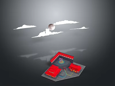 Red Building Model With Blue Lines On Gray Background Under Clouds And Moon 3d model