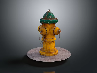 Yellow Fire Hydrant With Green Top And Chains On Round Stone Base 3d model