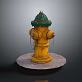 Yellow Fire Hydrant With Green Top And Chains On Round Stone Base