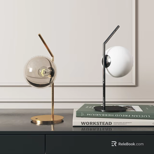Pair Of Modern Table Lamps With Gold Black Bases Transparent White Spherical Shades 3d model 