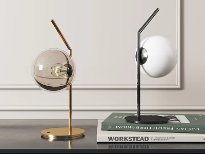 Pair Of Modern Table Lamps With Gold Black Bases Transparent White Spherical Shades 3d model