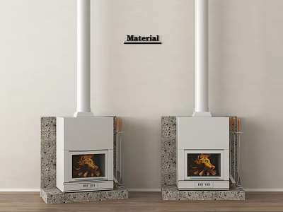 Two Modern Stone Fireplaces With White Chimneys Glass Doors And Burning Fire 3d model