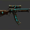 Vintage Modern Gun With Wooden Body Blue Glowing Accents And Scope