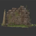 Modern Garden Landscape With Partially Collapsed Brick Wall Weeds And Wooden Sticks