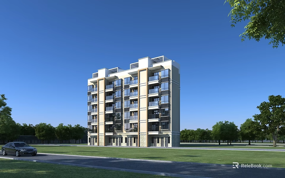 Multi Story Residential Building With Light Colored Exterior Windows Balconies And Green Surroundings 3d model 