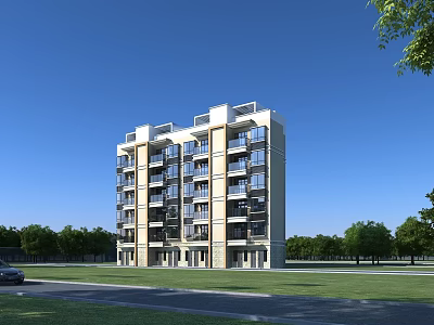 Multi Story Residential Building With Light Colored Exterior Windows Balconies And Green Surroundings 3d model