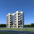 Multi Story Residential Building With Light Colored Exterior Windows Balconies And Green Surroundings