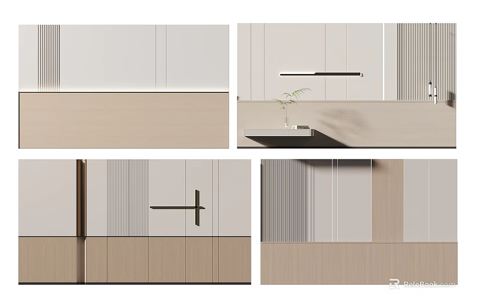 Modern Minimalist Bed Accent Wall For Bedroom With Wooden Panels 3d model 