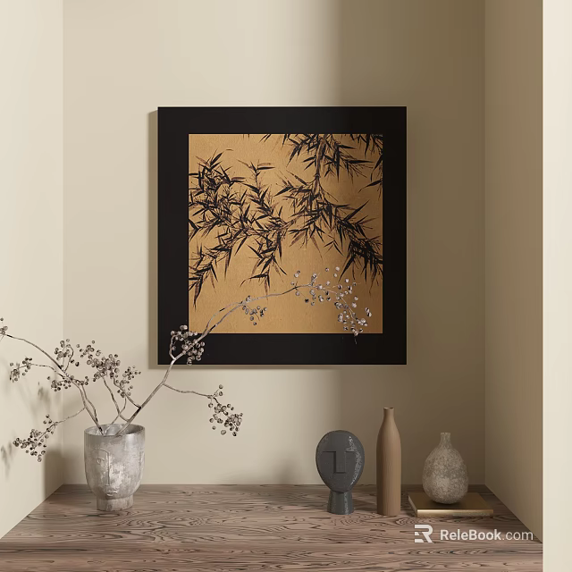 Chinese Style Landscape Painting With Bamboo And Flowers On Wall 3d model