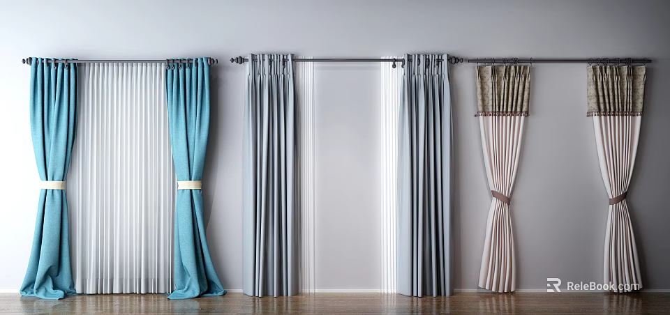 Colorful Curtains In Blue Gray And Beige Striped Styles With Tiebacks For Modern Home Decor 3d model 