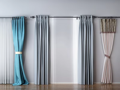 Colorful Curtains In Blue Gray And Beige Striped Styles With Tiebacks For Modern Home Decor 3d model