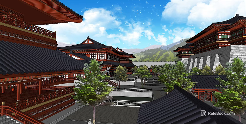 Ancient Traditional Architecture Featuring Classic Roof Courtyard Trees Blue Sky And Distant Mountains 3d model 