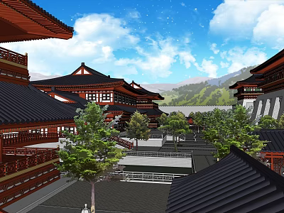 Ancient Traditional Architecture Featuring Classic Roof Courtyard Trees Blue Sky And Distant Mountains 3d model