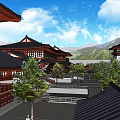 Ancient Traditional Architecture Featuring Classic Roof Courtyard Trees Blue Sky And Distant Mountains