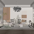 Modern Living Room Interior With Beige Sofa Accent Pillows Round Coffee Table And Flower Chandelier