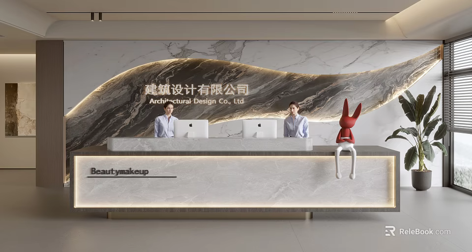 Modern Reception Desk for Design Company With Staff Marble Countertop And Red Rabbit Decoration 3d model 