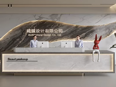 Modern Reception Desk for Design Company With Staff Marble Countertop And Red Rabbit Decoration 3d model