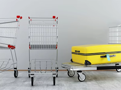 Public Facility Shopping Carts And Luggage Trolley With Yellow Suitcase Metal Frames And Wheels 3d model