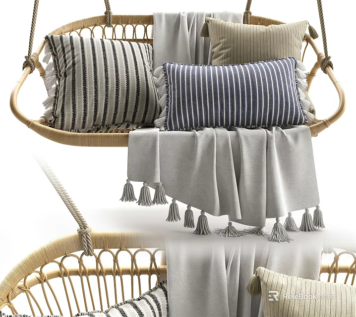 Stylish Wicker Hanging Chair With Striped Cushions And Fringed Blanket 3d model 