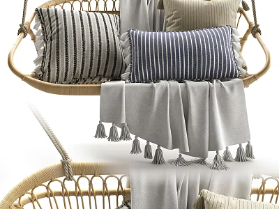 Stylish Wicker Hanging Chair With Striped Cushions And Fringed Blanket 3d model