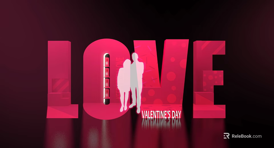 Red LOVE Letter Art Installation with Silhouette Figures and Dots for Valentines Day 3d model 