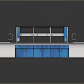 Food Preparation Kitchen Counter With Blue Cabinets Black Top Sink And Upper Shelves