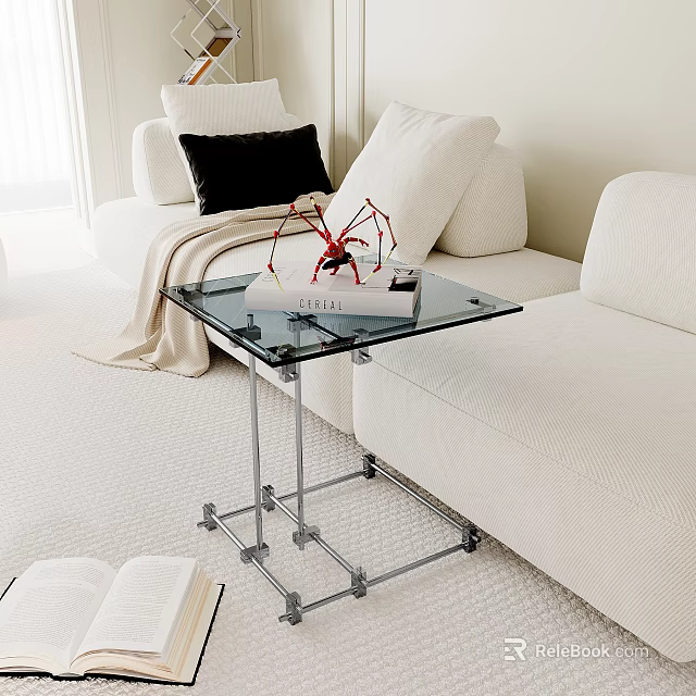 Modern Glass Coffee Table With Red Decor Book In Bright Living Room White Sofa 3d model 