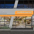 Modern Supermarket Storefront With Orange Signage Glass Doors Visible Shelves And Green Plants