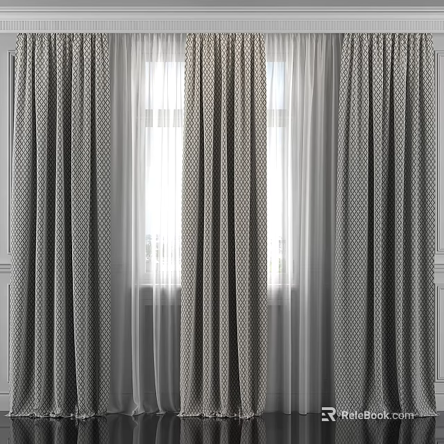 Gray Patterned Curtains With Sheer White Panels For Home Window Decor 3d model