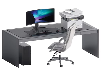 Modern Office Desk With Curved Monitor Starry Screen Keyboard Mouse Multifunction Printer Gray Office Chair 3d model