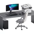 Modern Office Desk With Curved Monitor Starry Screen Keyboard Mouse Multifunction Printer Gray Office Chair