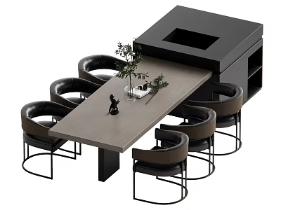 Modern Dining Table Set With Wooden Tabletop Black Chairs Storage Cabinet And Decorative Plants 3d model
