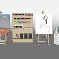 Colorful Art Supplies Display With Easels Color Painting Sketch Paint Tubes And Brushes On Shelf