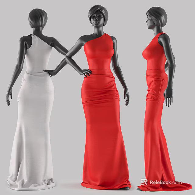 Fashion Models Showcasing White And Red One Shoulder Long Fitted Dresses Front Side Back Views 3d model 