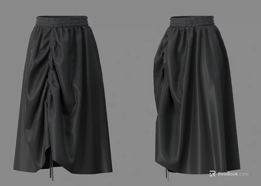 Black Mid Length Skirts With Ruched Design From Two Sides 3d model
