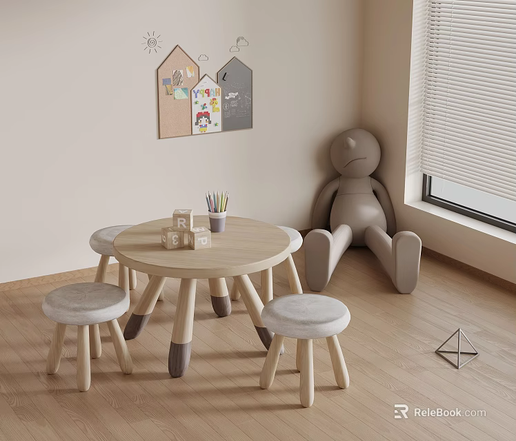 Children's Room Round Wooden Table Set With Padded Stools And Decorative Wall Art 3d model 