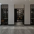 Modern Restaurant Interior Design With Dining Tables Black Chairs Pendant Lights And Bookshelf Backdrop