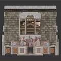 Two Story Stone Brick Building Model With Arched Windows Doors And Murals