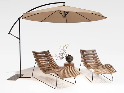 Woven Lounge Chairs With Metal Frame And Beige Umbrella For Outdoor Modern Patio Design 3d model