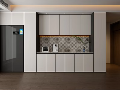 Modern Sideboard Design With White Cabinets Tiled Backsplash Appliances And Plant Vase 3d model