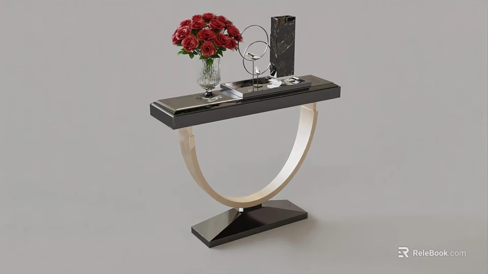 Modern Console Table with Black Tabletop Red Roses Vase Metal Decor and Curved Support Design 3d model 