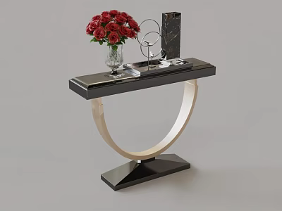 Modern Console Table with Black Tabletop Red Roses Vase Metal Decor and Curved Support Design 3d model