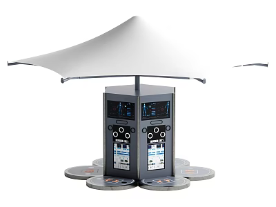 Outdoor Sports Equipment with White Canopy Two Black Units Featuring Displays Buttons and Circular Bases 3d model
