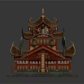 Cartoon Style Traditional Chinese Temple With Red Gold Decorations Stone Lions And Multi Layered Roofs