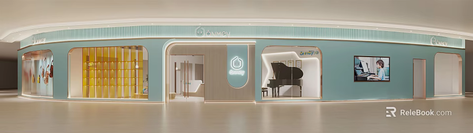 Modern Mall Store Exterior Design With Flower Candy Sign Black Piano And Cozy Ambiance 3d model 