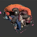 Group of Three Men With Dog Posing In Orange Red Blue Jackets On Grey Background